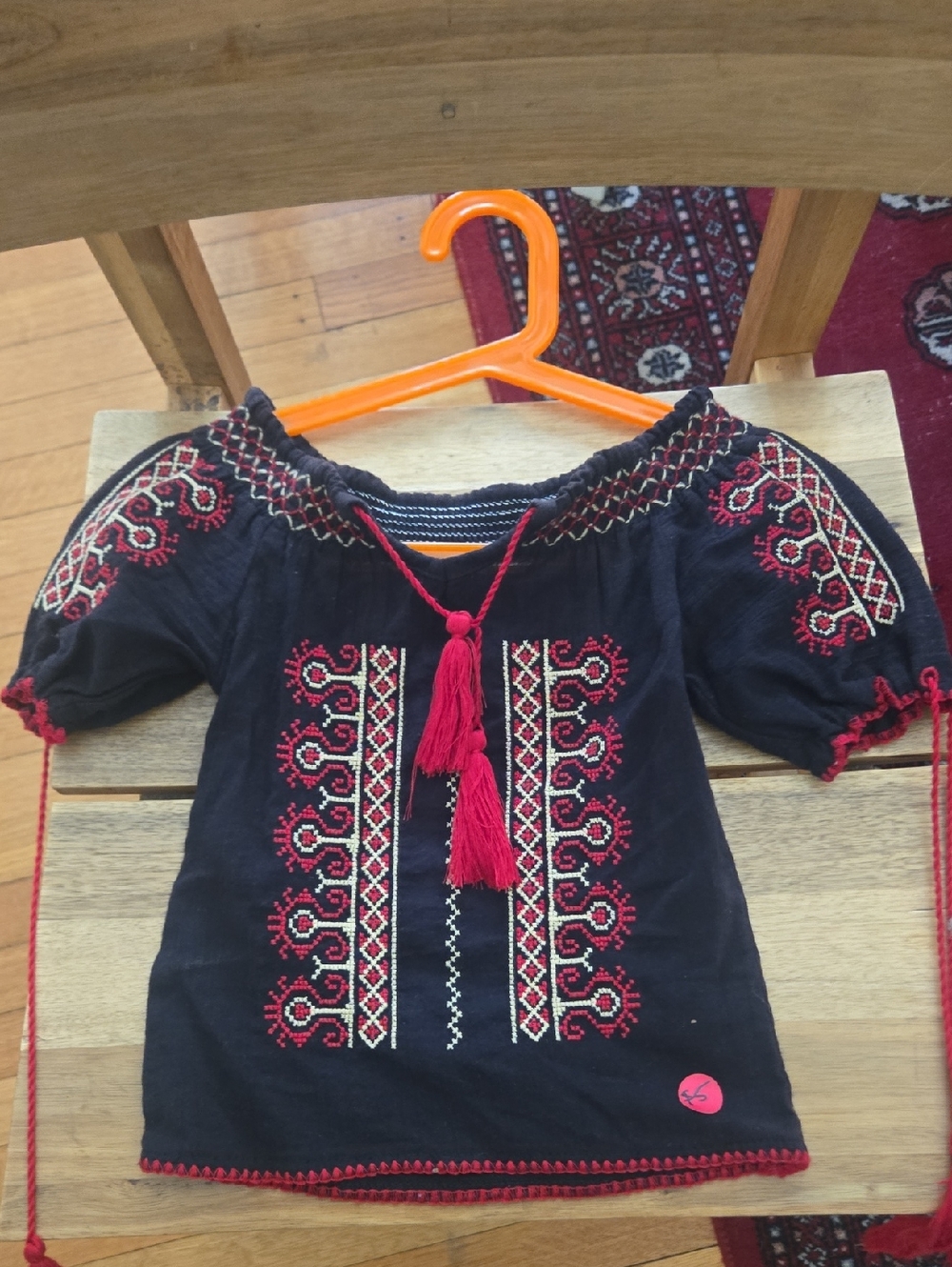 Toddler Girls Black Embroidered Peasant Top with Red Tassels